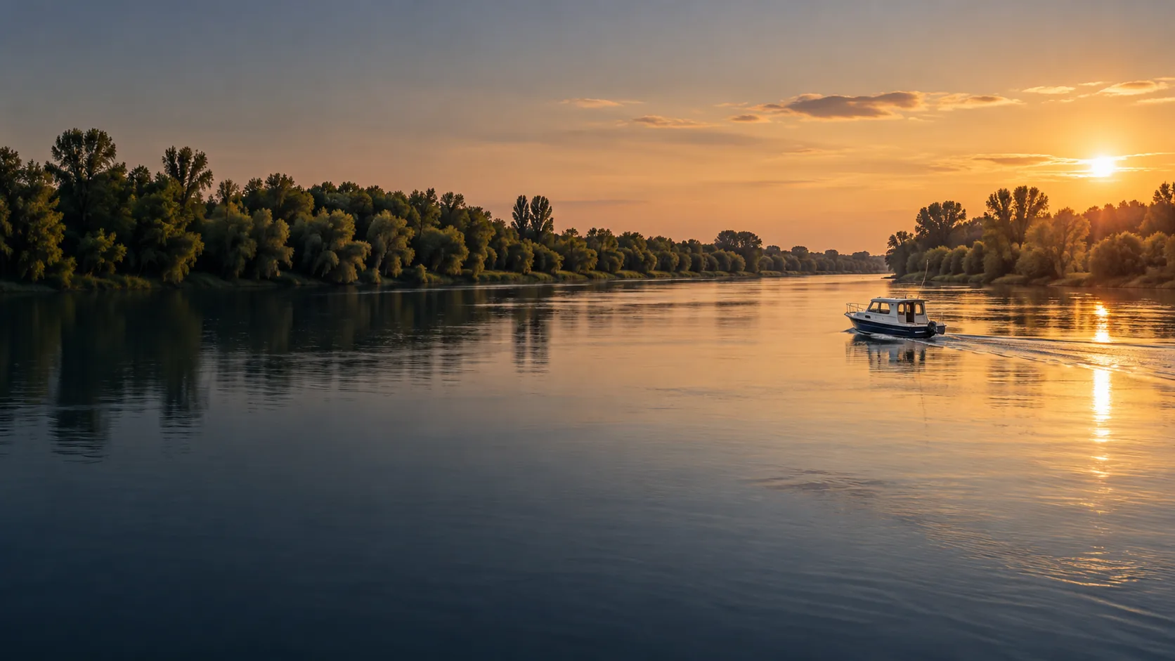 A calm broad river bordered by lowland trees at late afternoon